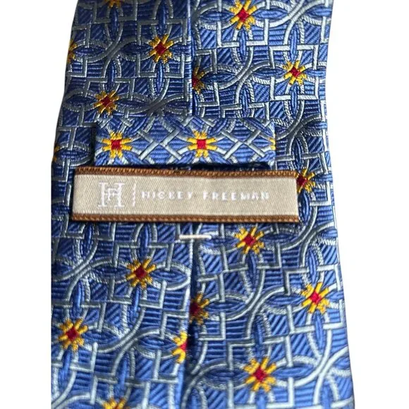 Hickey Freeman Blue Silk Tie With Geometric Yellow & Red Pattern Made In USA - Picture 3 of 7
